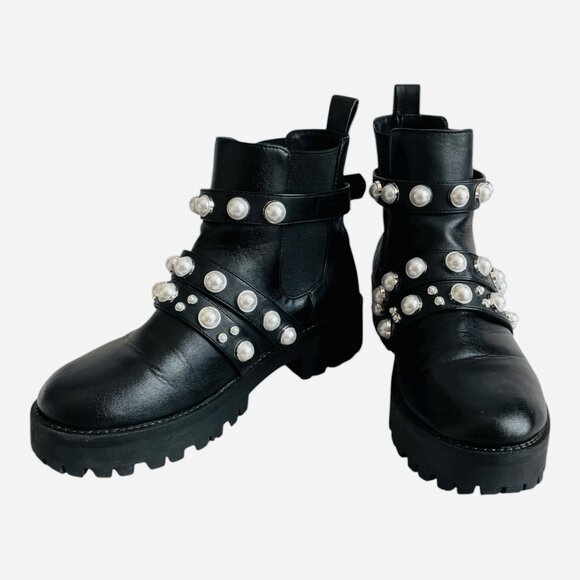 Black Leatherette Pearl Stud Platform Combat Boots Women's Size 7.5 Good Plus - Picture 3 of 7